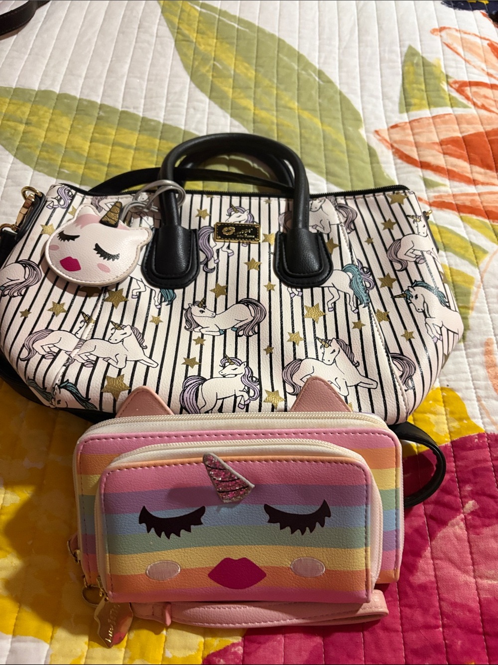 Betsy Johnson Pink Unicorn Tote and Rainbow Wallet Set